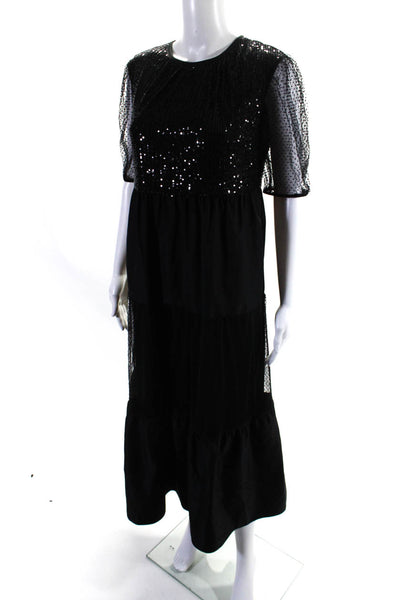 LDT Womens Sequin Short Sleeve Back Button Long Dress Black Size 4