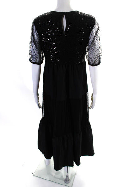 LDT Womens Sequin Short Sleeve Back Button Long Dress Black Size 4