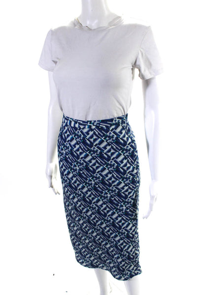 Toccin Womens Side Zip Geometric Print Maxi Skirt Linen Blue Size 4