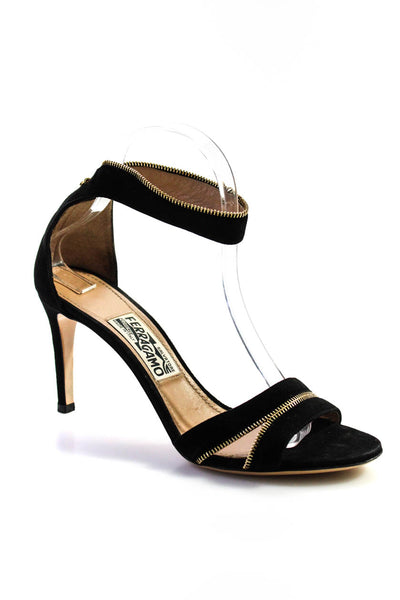 Salvatore Ferragamo Womens Suede Zipper Trim Ankle Strap Heels Black Size 8 C