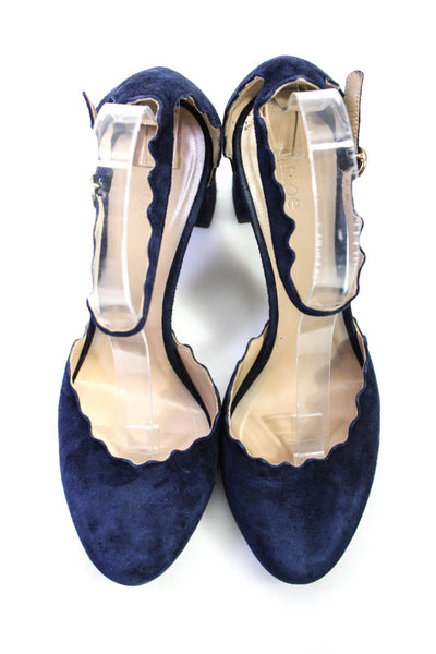 Chloe Womens Suede Scalloped Trim Ankle Strap Pumps Navy Blue Size 39 9