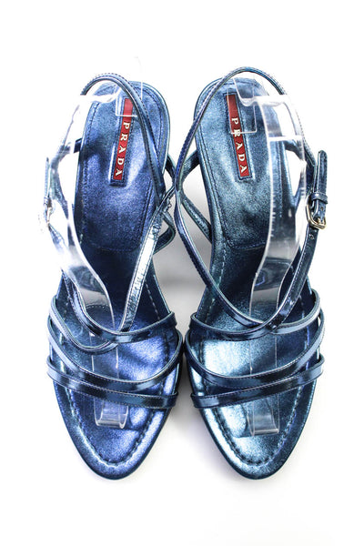 Prada Sport Womens Leather Strappy Slingbacks Sandal Heels Blue Size 38.5 8.5
