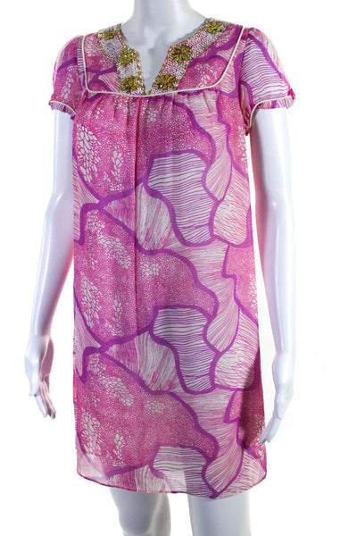 Calypso Christiane Celle Womens Abstract Gem Stoned Embroider Dress Pink Size XS