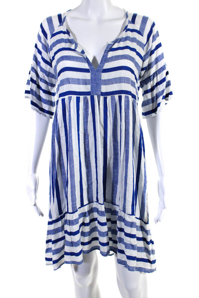Bindu Womens Striped Print V-Neck Short Sleeve Pullover Midi Dress Blue Size S
