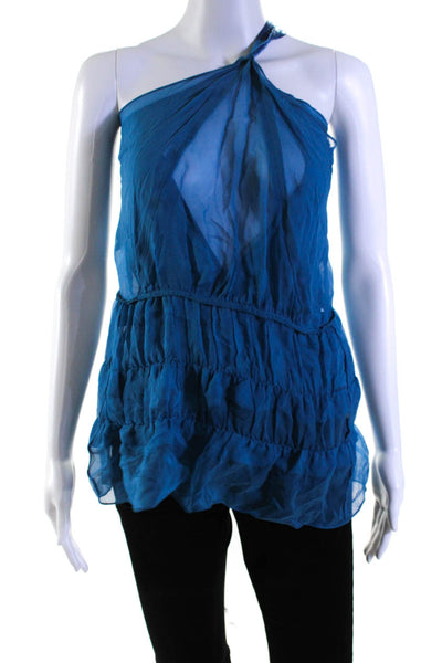 Designer Womens Tiered Chiffon Ruffle Tank Top Blouse Blue Silk Size IT 40