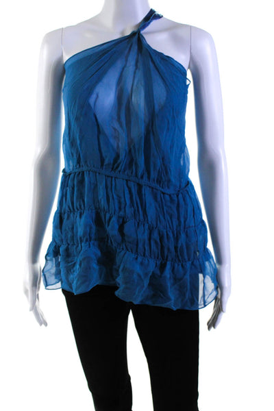 Designer Womens Tiered Chiffon Ruffle Tank Top Blouse Blue Silk Size IT 40
