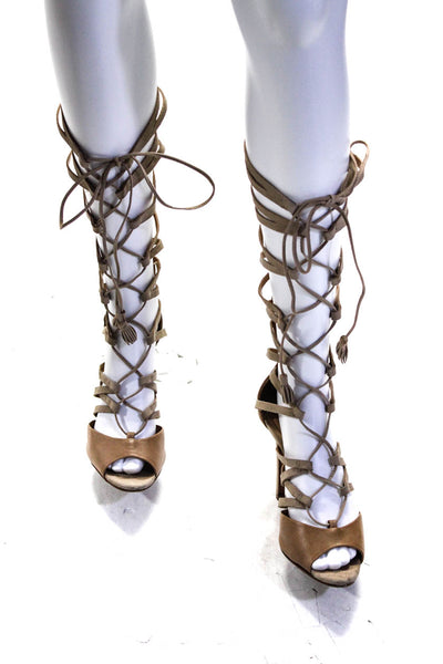 Schutz Womens Leather Strappy Zip Up Knee High Gladiator Heels Beige Size 8.5