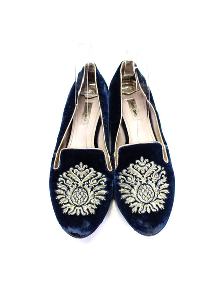 Miu Miu Womens Velvet Embroidered Crystal Low Heel Loafers Navy Blue Size 40 10