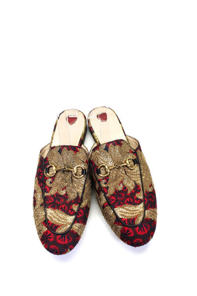 Gucci Womens Metallic Brocade  Princetown Horsebit Loafers Mules Red Gold Size 4