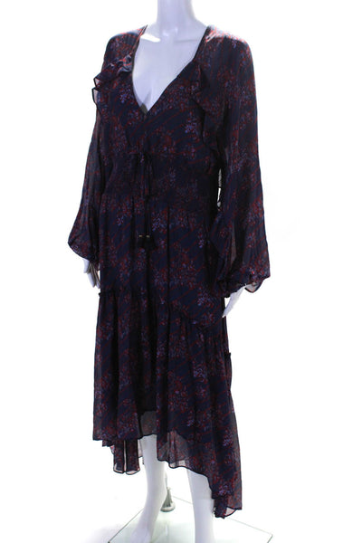 Figue Womens Silk Floral Ruched V-Neck Tied Long Sleeve Ruffle Dress Blue Size M