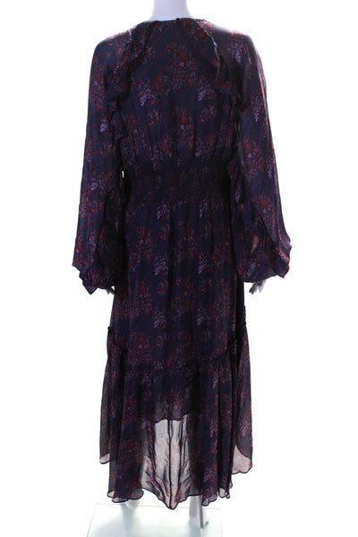 Figue Womens Silk Floral Ruched V-Neck Tied Long Sleeve Ruffle Dress Blue Size M