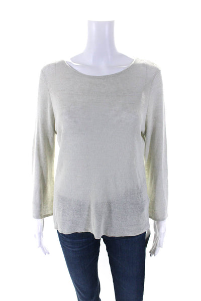 Eileen Fisher Womens 3/4 Sleeve Scoop Neck Open Knit Shirt Gray Linen Size Small