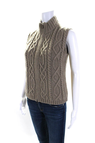 Inis Meain Womens Cashmere Sleeveless Front Zip Cable Knit Sweater Brown Size S
