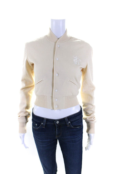 Ralph Lauren Blue Label Womens Wool Embroidered Bomber Sweater Beige Size S