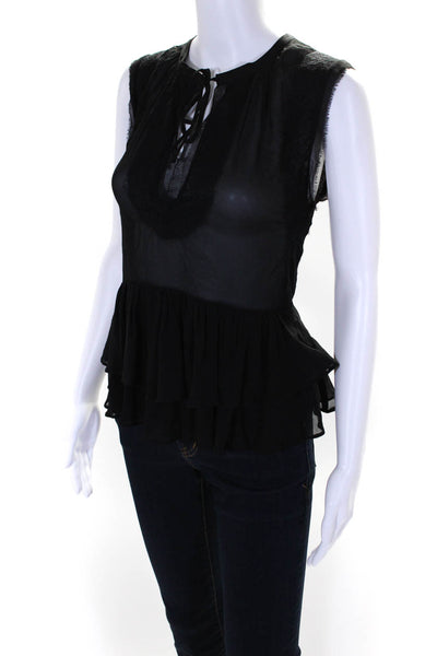 Rebecca Taylor Womens Sleeveless V Neck Lace Trim Ruffled Silk Top Black Size 0
