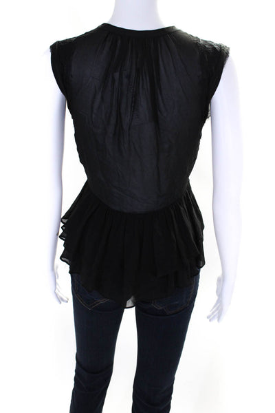Rebecca Taylor Womens Sleeveless V Neck Lace Trim Ruffled Silk Top Black Size 0