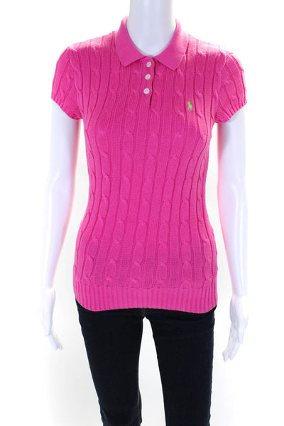 Ralph Lauren Womens Cotton Cable Knit Short Sleeve Polo Shirt Pink Size S