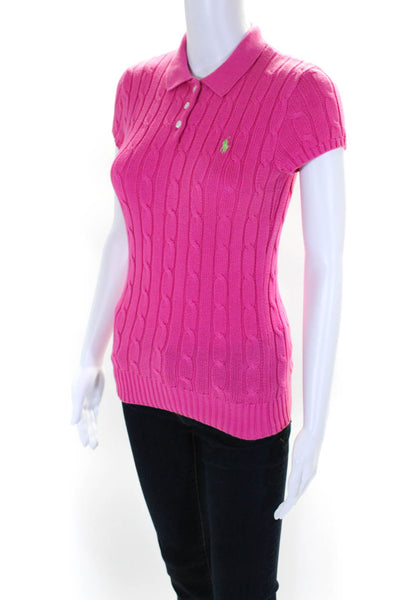 Ralph Lauren Womens Cotton Cable Knit Short Sleeve Polo Shirt Pink Size S