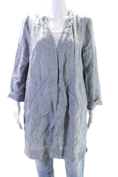 Eileen Fisher Womens Linen Textured Open Front Long Sleeve Cardigan Blue Size M