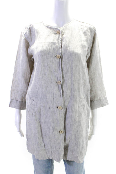 Eileen Fisher Womens Linen Striped Buttoned Long Sleeve Blouse White Size PM