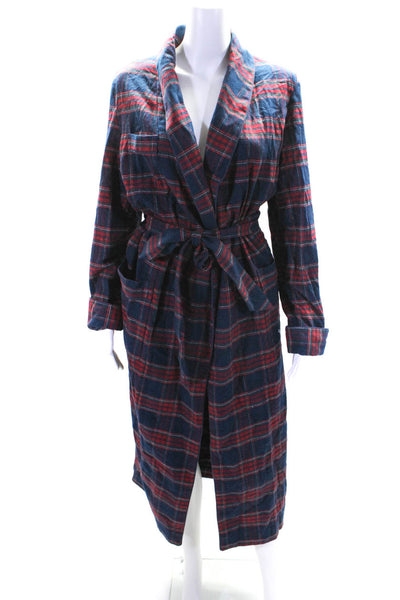Derek Rose Womens Red Navy Cotton Plaid Cowl Neck Long Sleeve Robe Size S