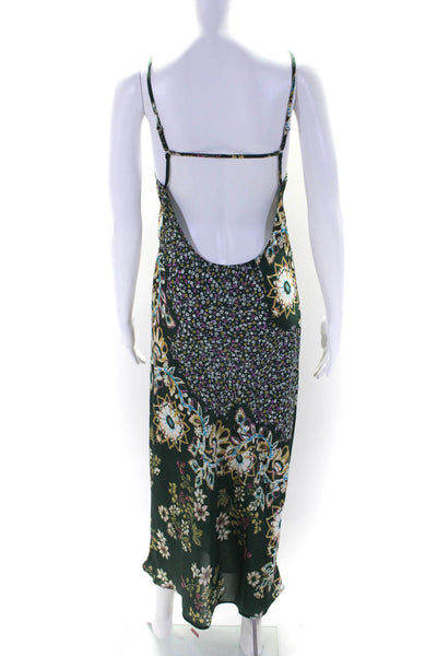 Free People Womens V Neck Spotted Floral Satin Midi Slip Dress Green Multi Small