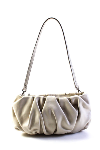 Staud Womens Zip TOp Ruched Wristlet Pouch Clutch Handbag White Leather