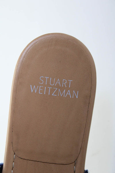 Stuart Weitzman Womens Beaded Cross Strap Fringe Slide Sandals Silver Blue 9
