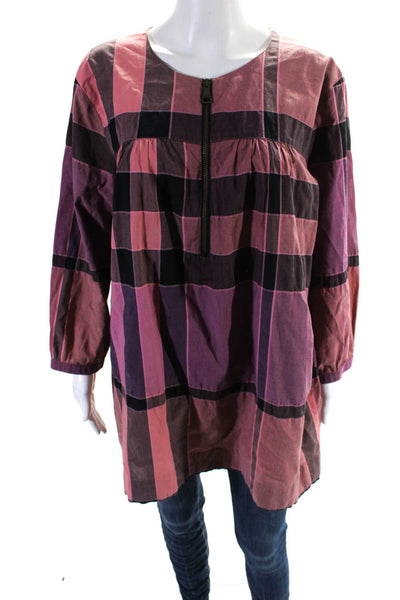 Burberry Brit Womens Cotton Plaid Print 1/2 Zip Tunic Blouse Top Pink Size M