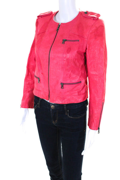 Alice + Olivia Womens Leather Long Sleeve Full Zip Short Biker Jacket Red Size S