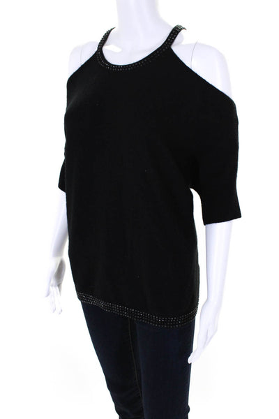 Minnie Rose Womens Cashmere Gem Stoned Trim Cold Shoulder Sweater Black Size XS