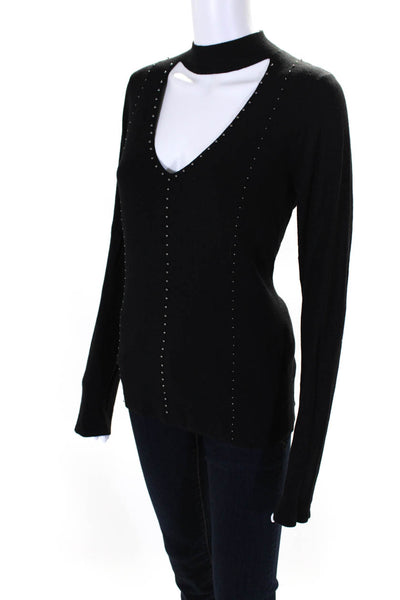 T Tahari Womens Keyhole Mock Neck Studded Long Sleeve Sweater Black Size S