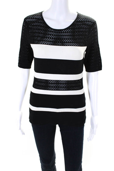 Bailey 44 Womens Mesh Textured Striped Print Short Sleeve Blouse Black Size M