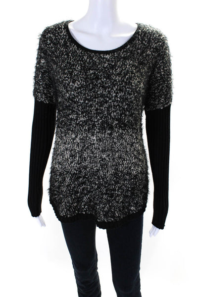 Lauren Vidal Womens Fringed Textured Long Sleeve Round Neck Sweater Black Size M