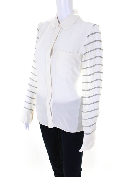 Rachel Roy Womens Silk Striped Print Long Sleeve Collared Blouse White Size S