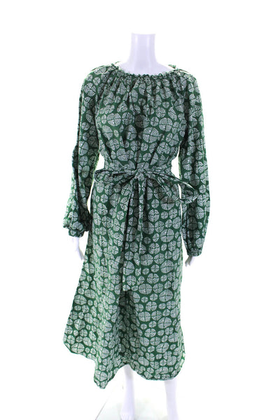 Ann Mashburn Womens 3/4 Sleeve Belted Printed Midi Dress Green White Size Medium