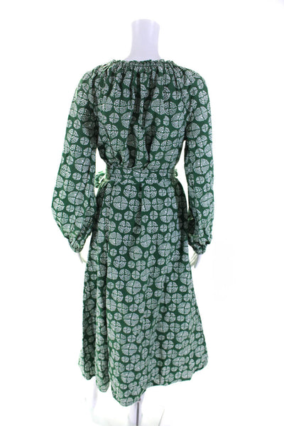 Ann Mashburn Womens 3/4 Sleeve Belted Printed Midi Dress Green White Size Medium