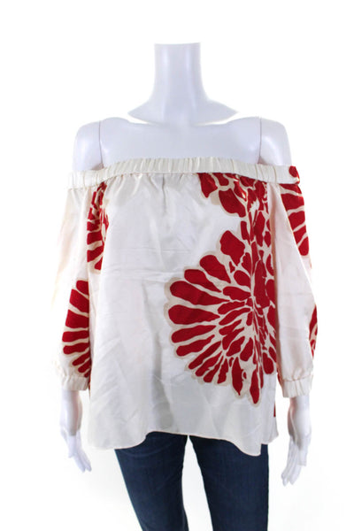 Tibi Womens 3/4 Sleeve Off Shoulder Boxy Silk Floral Top White Red Size 12
