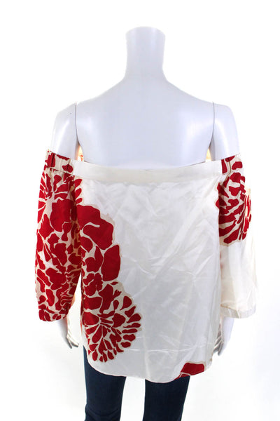 Tibi Womens 3/4 Sleeve Off Shoulder Boxy Silk Floral Top White Red Size 12