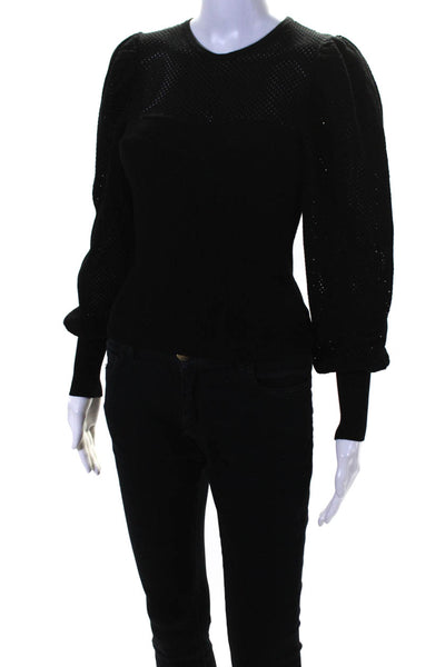 Ulla Johnson Womens Open Knit Puff Sleeve Crew Neck Sweater Black Size Small