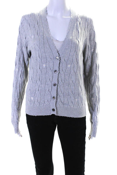 Minnie Rose Womens Embroidered Daisy Cable Knit Cardigan Sweater Gray Size Small