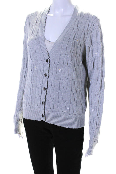 Minnie Rose Womens Embroidered Daisy Cable Knit Cardigan Sweater Gray Size Small