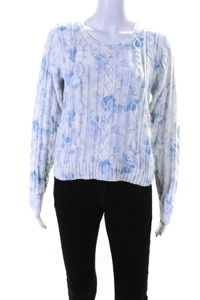 Love Shack Fancy Womens Floral Cable Knit Crew Neck Sweater Blue White Small