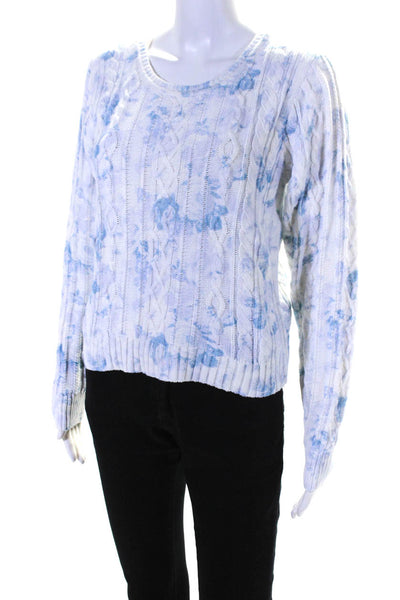 Love Shack Fancy Womens Floral Cable Knit Crew Neck Sweater Blue White Small