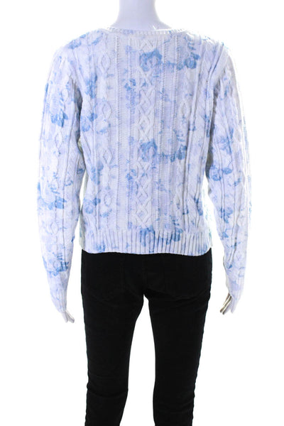 Love Shack Fancy Womens Floral Cable Knit Crew Neck Sweater Blue White Small