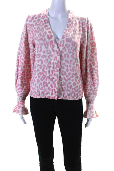 Love Shack Fancy Womens Leopard Print V Neck Cardigan Sweater Pink White Small