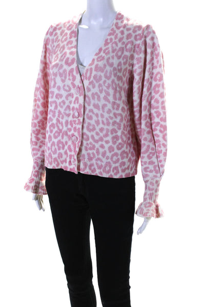 Love Shack Fancy Womens Leopard Print V Neck Cardigan Sweater Pink White Small