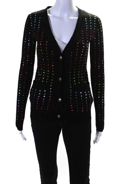 Caroline Constas Womens Rainbow Sequin V Neck Cardigan Sweater Black Size Small