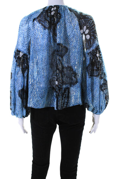 Ulla Johnson Womens Metallic Fil Coupe Abstract Top Blouse Blue Silk Size 0