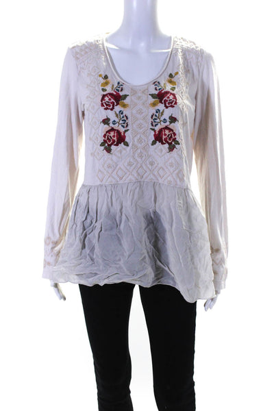 JW Los Angeles Womens Long Sleeve Scoop Neck Embroidered Blouse White Size M